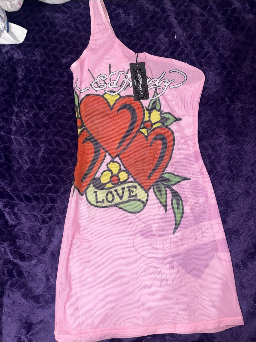 Ed Hardy Pink One-Shoulder Heart Print Dress Cover Up